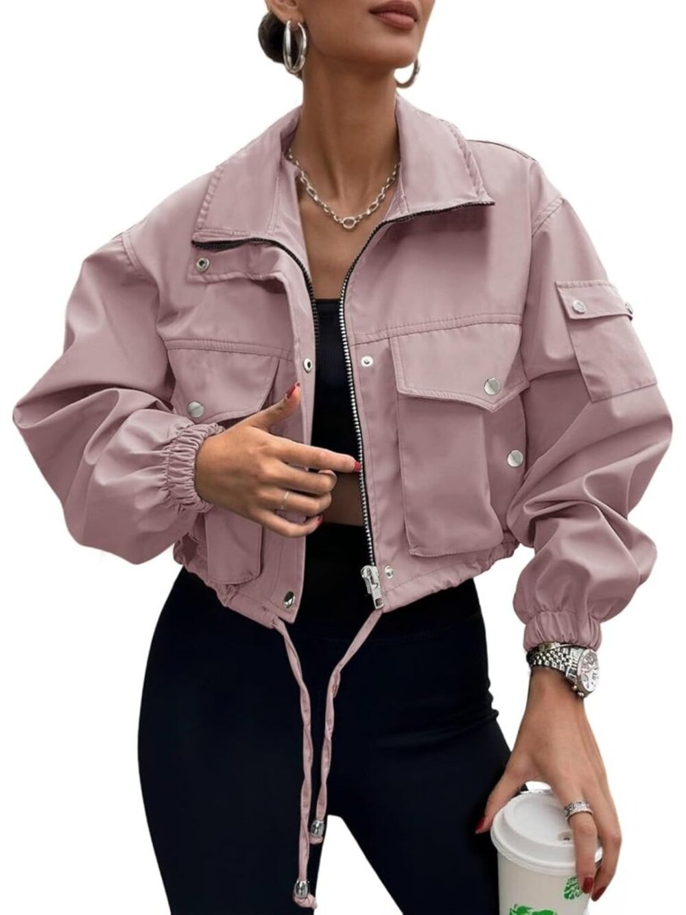 Women Dusty Pink 100%Polyester Cropped Zip Up Cargo Utility Anorak Bomber Jacket